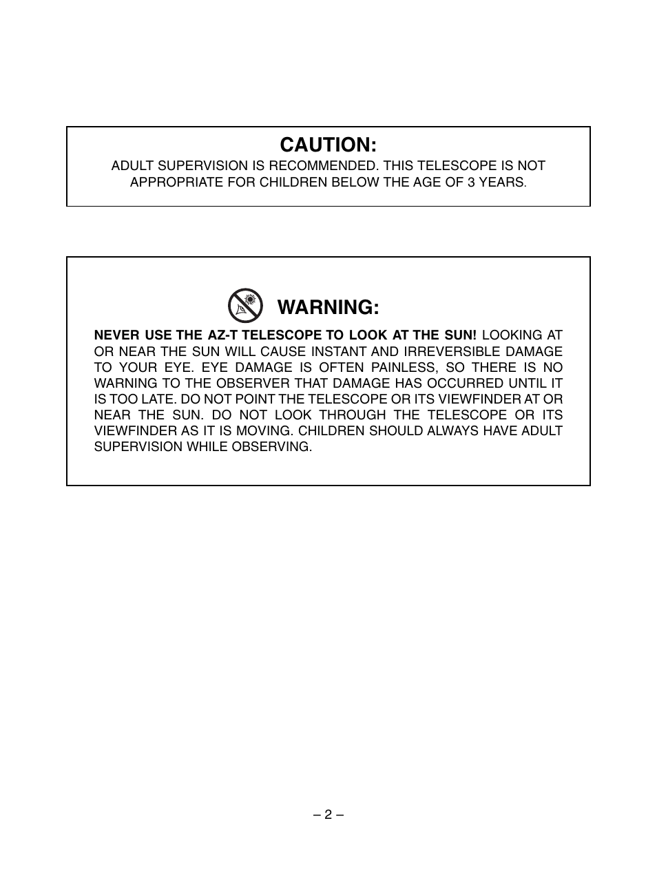 Warning, Caution | Meade Instruments Telestar 40AZ-T User Manual | Page 2 / 8