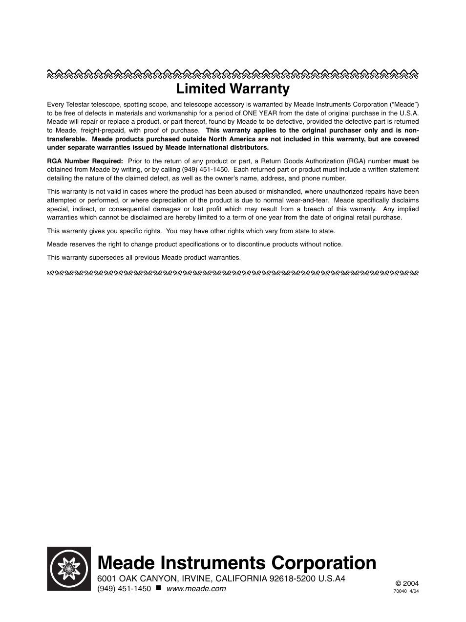 Meade instruments corporation, Limited warranty | Meade Instruments Telestar 40AZ-T User Manual | Page 8 / 8