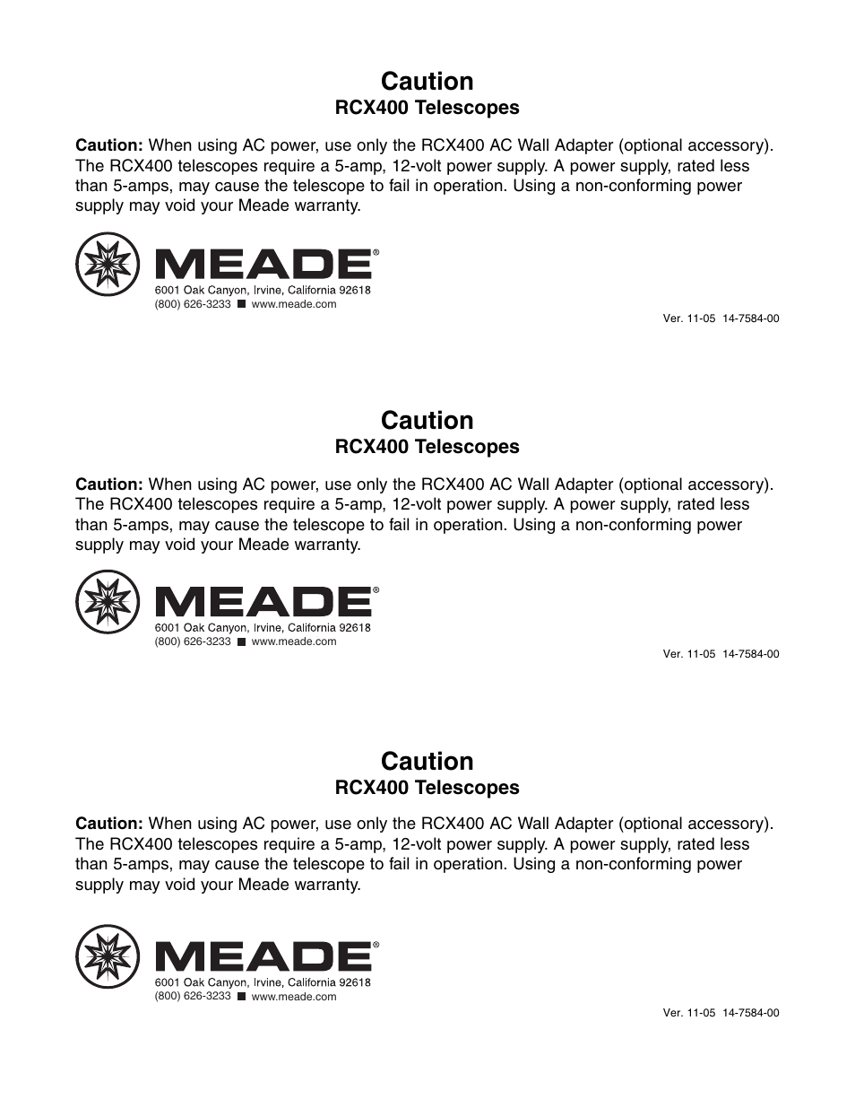Meade Instruments RCX400 User Manual | 1 page