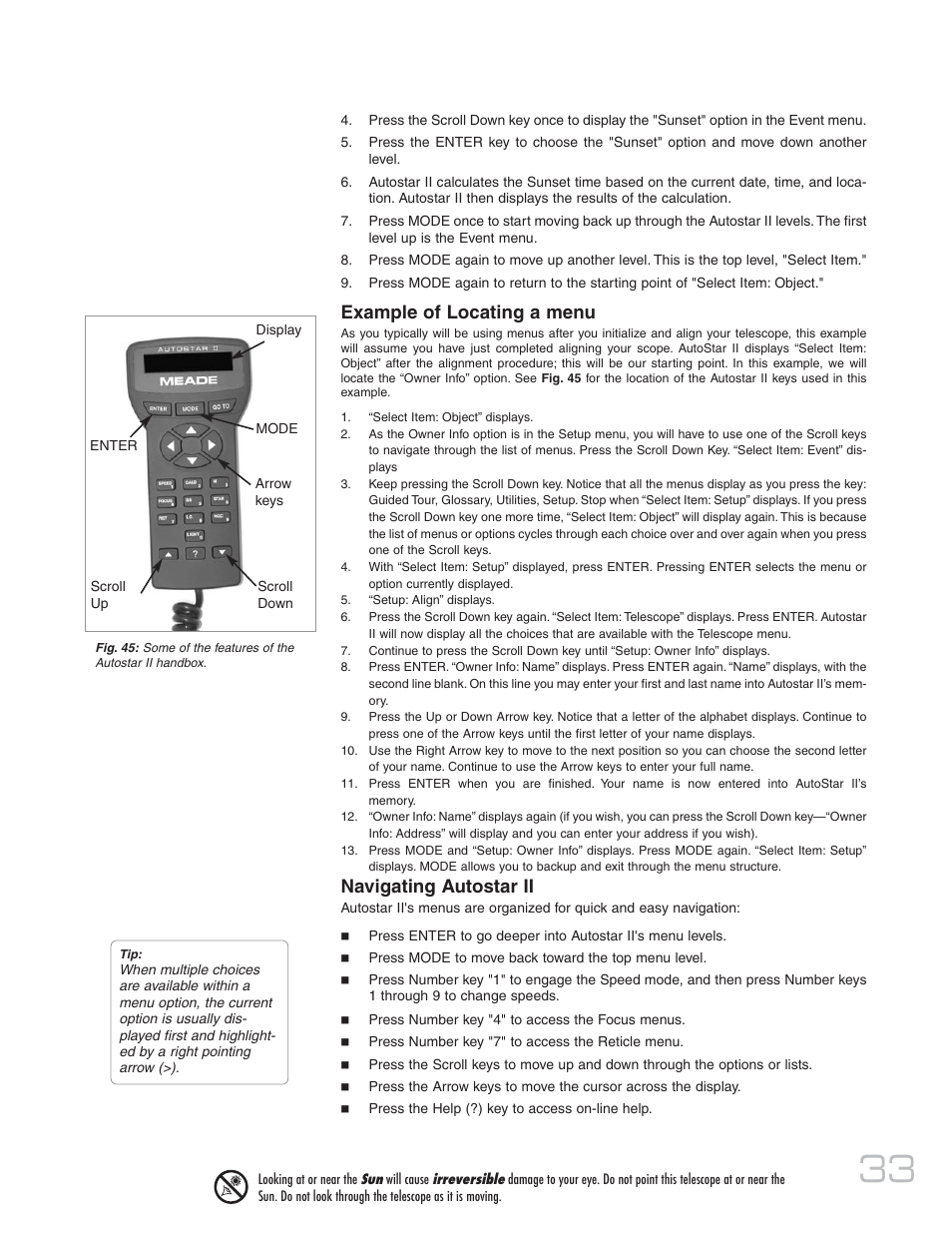 Example of locating a menu, Navigating autostar ii | Meade Instruments 20 MAX-ACF User Manual | Page 33 / 60