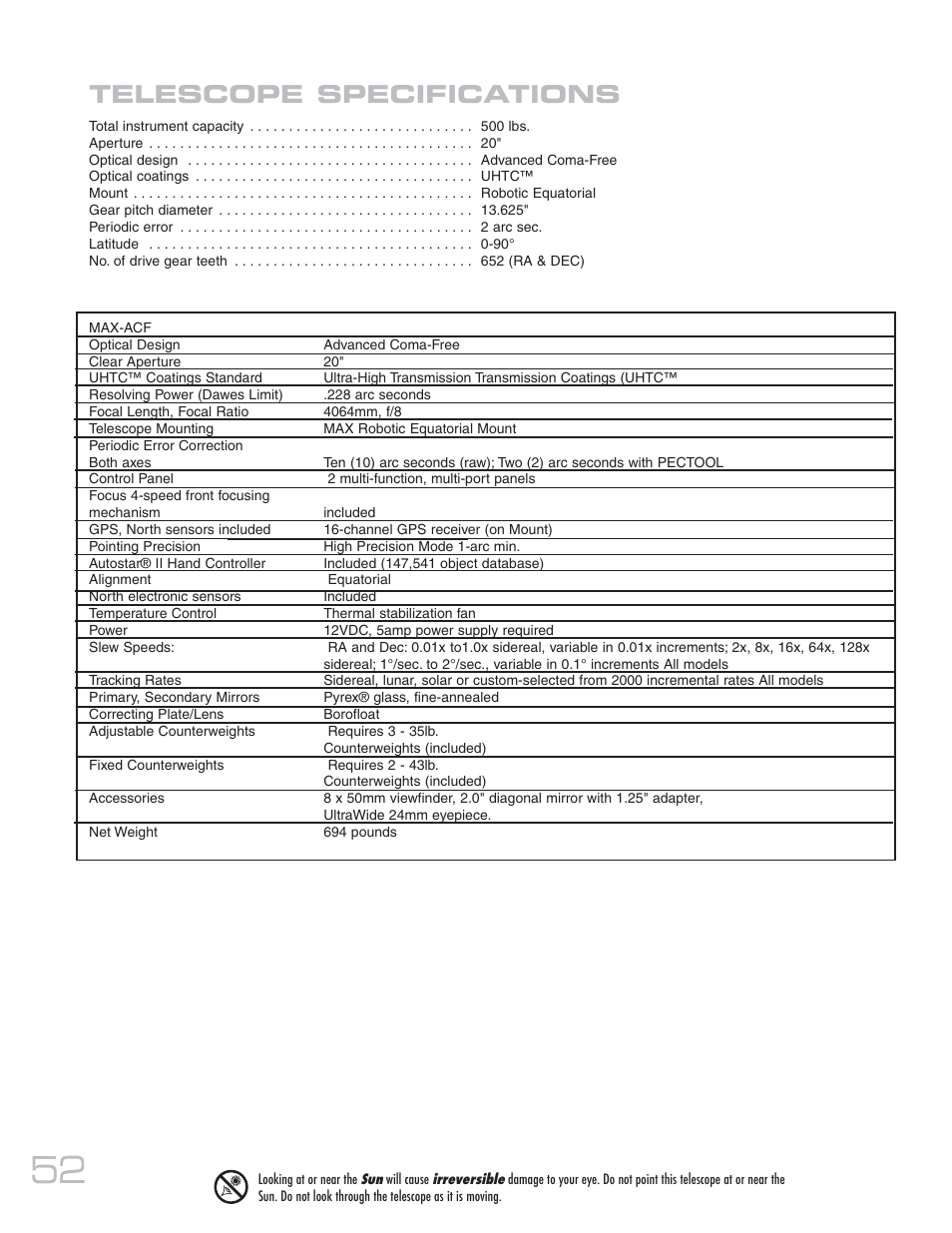 Telescope specifications | Meade Instruments 20 MAX-ACF User Manual | Page 52 / 60