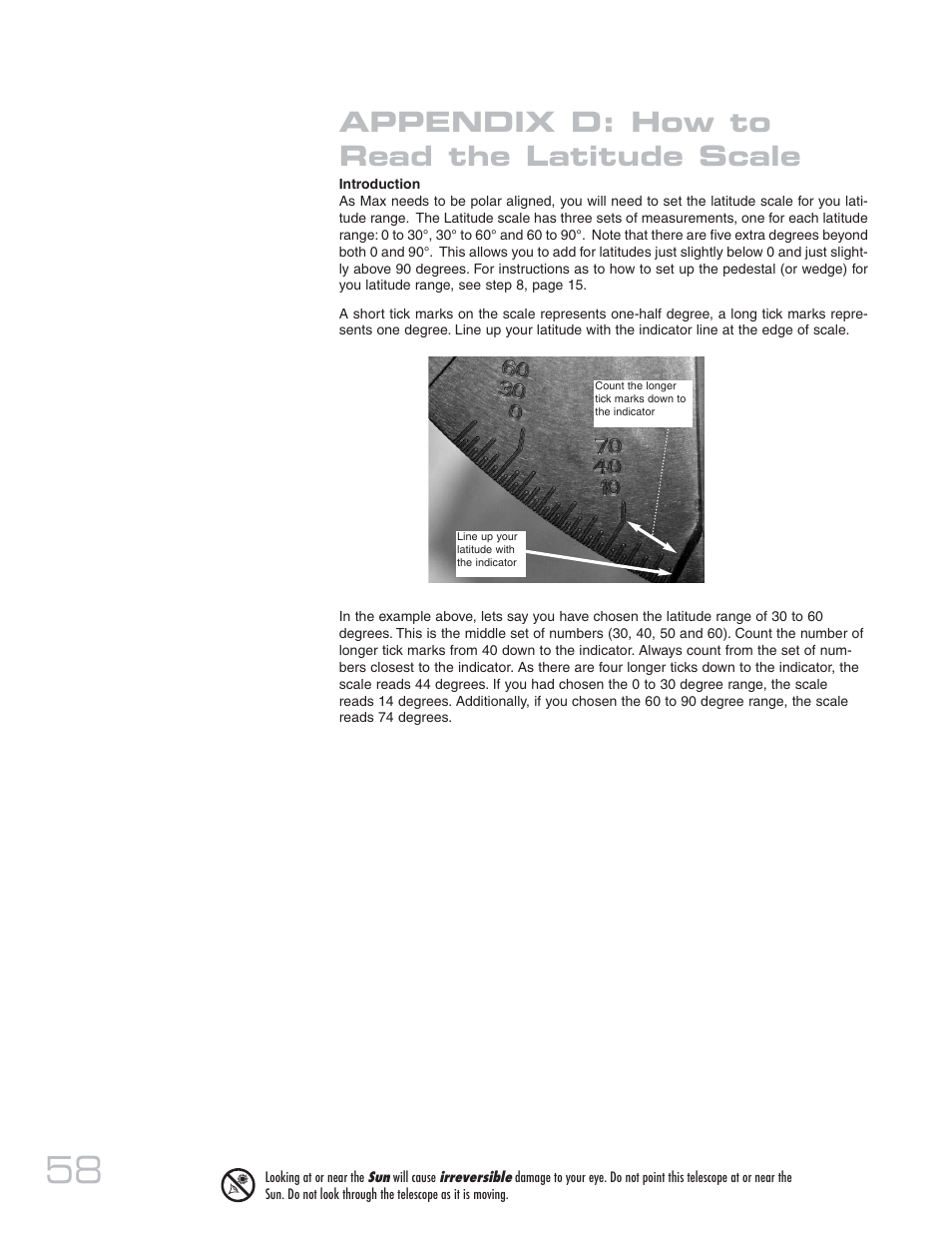 Appendix d: how to read the latitude scale | Meade Instruments 20 MAX-ACF User Manual | Page 58 / 60