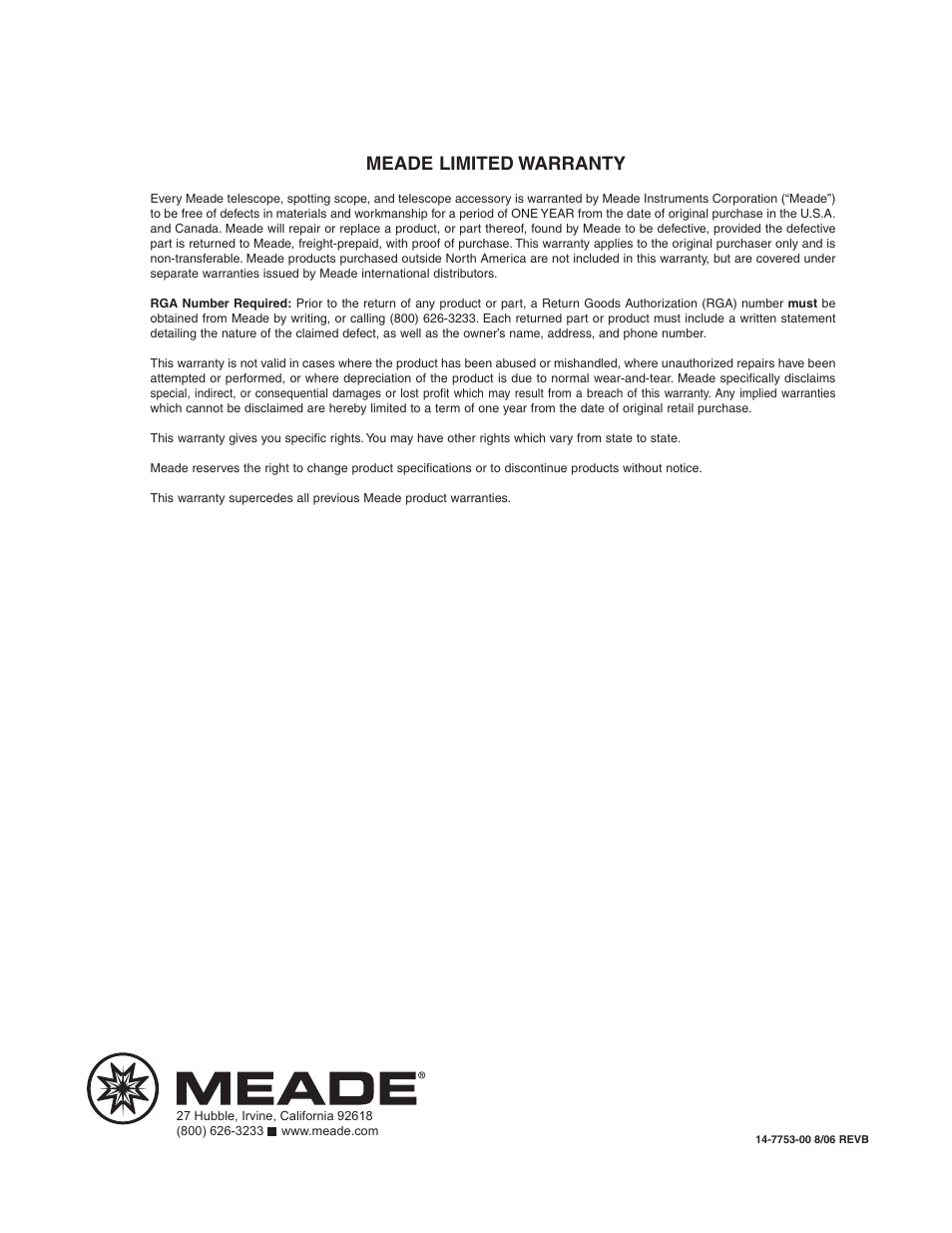 Meade limited warranty | Meade Instruments 20 MAX-ACF User Manual | Page 60 / 60