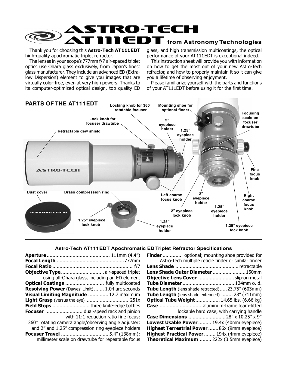 Meade Instruments Astro-Tech AT111EDT User Manual | 2 pages