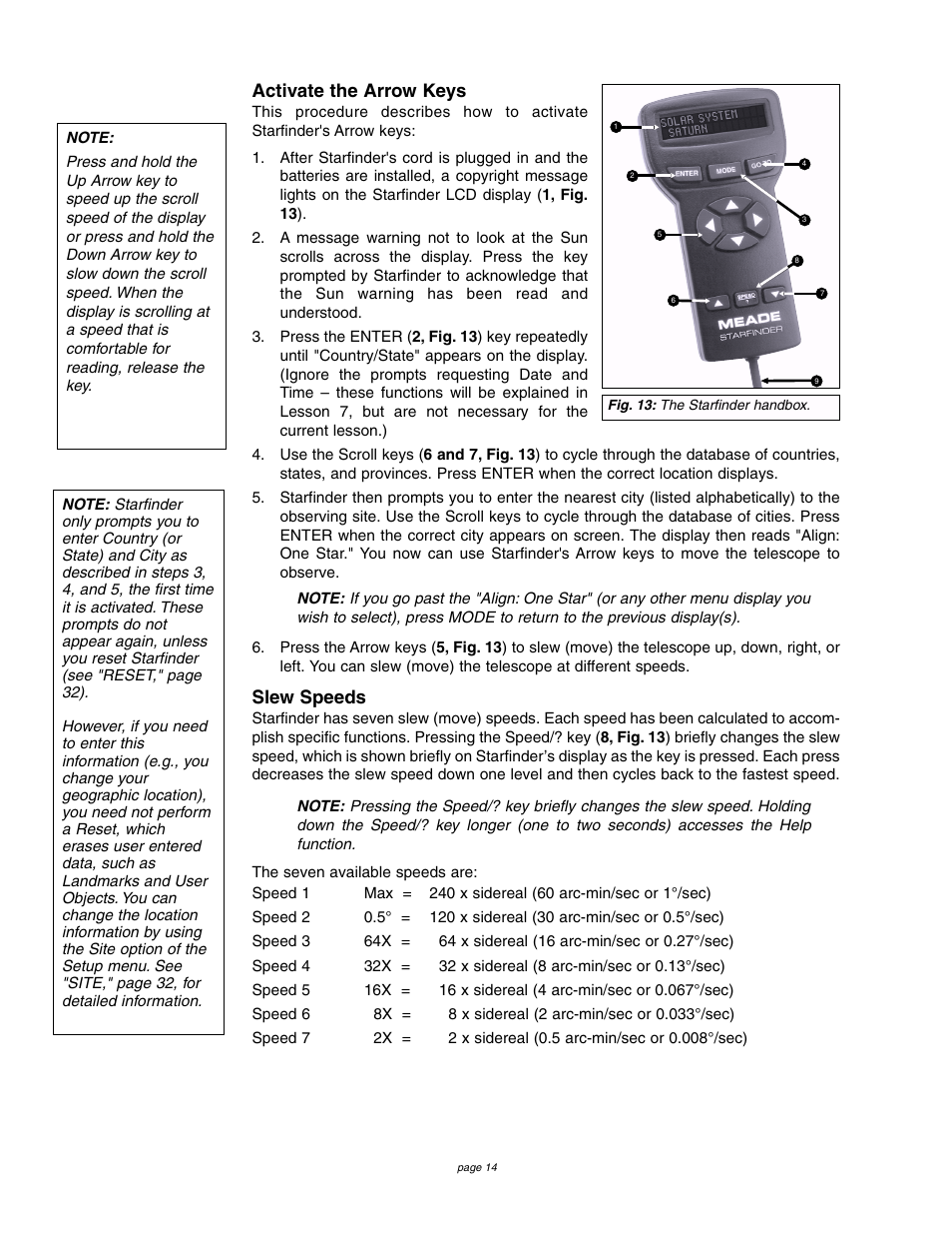 Activate the arrow keys, Slew speeds | Meade Instruments 4504 User Manual | Page 14 / 48