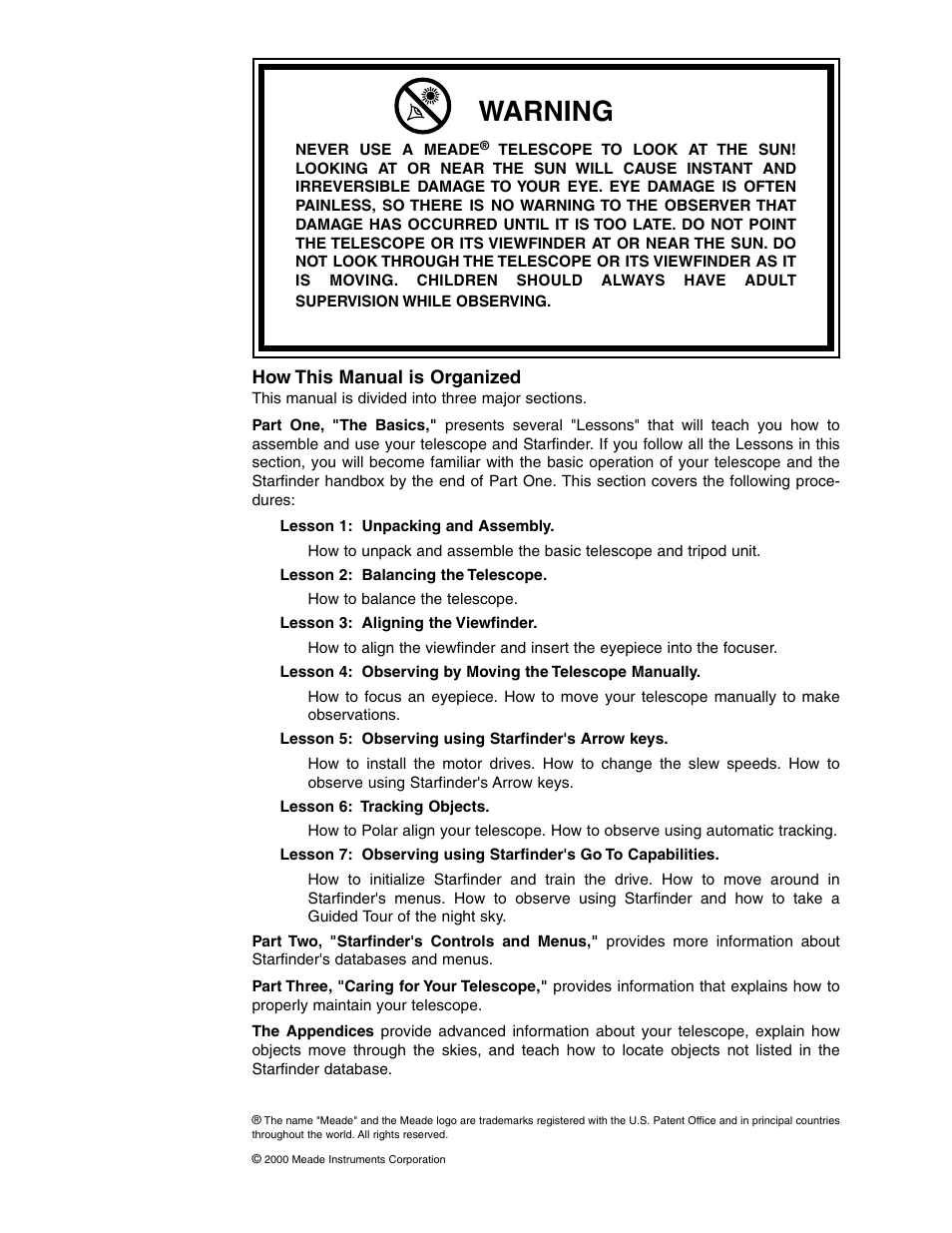 Warning | Meade Instruments 4504 User Manual | Page 2 / 48