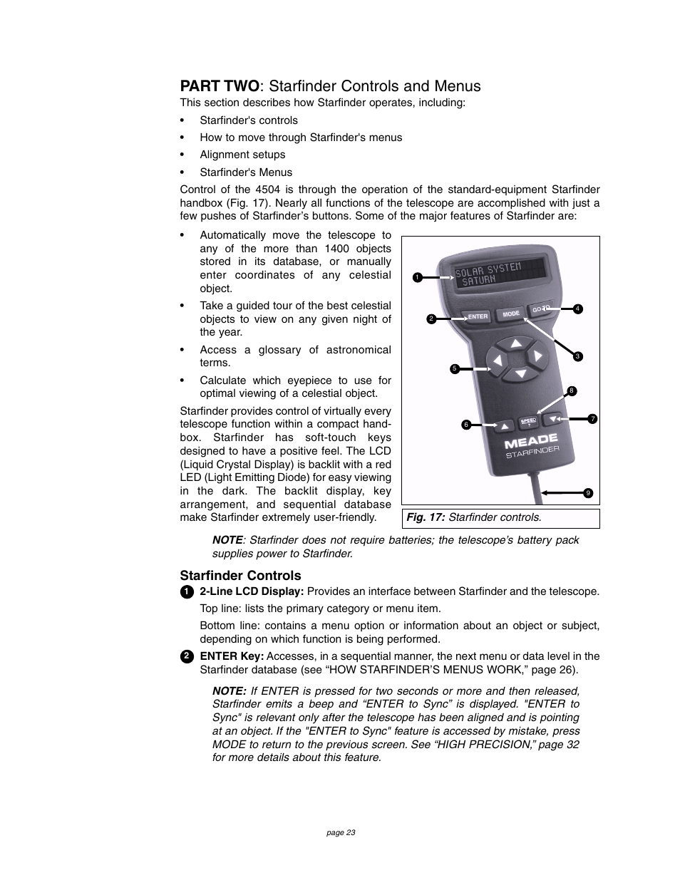 Part two : starfinder controls and menus, Starfinder controls | Meade Instruments 4504 User Manual | Page 23 / 48