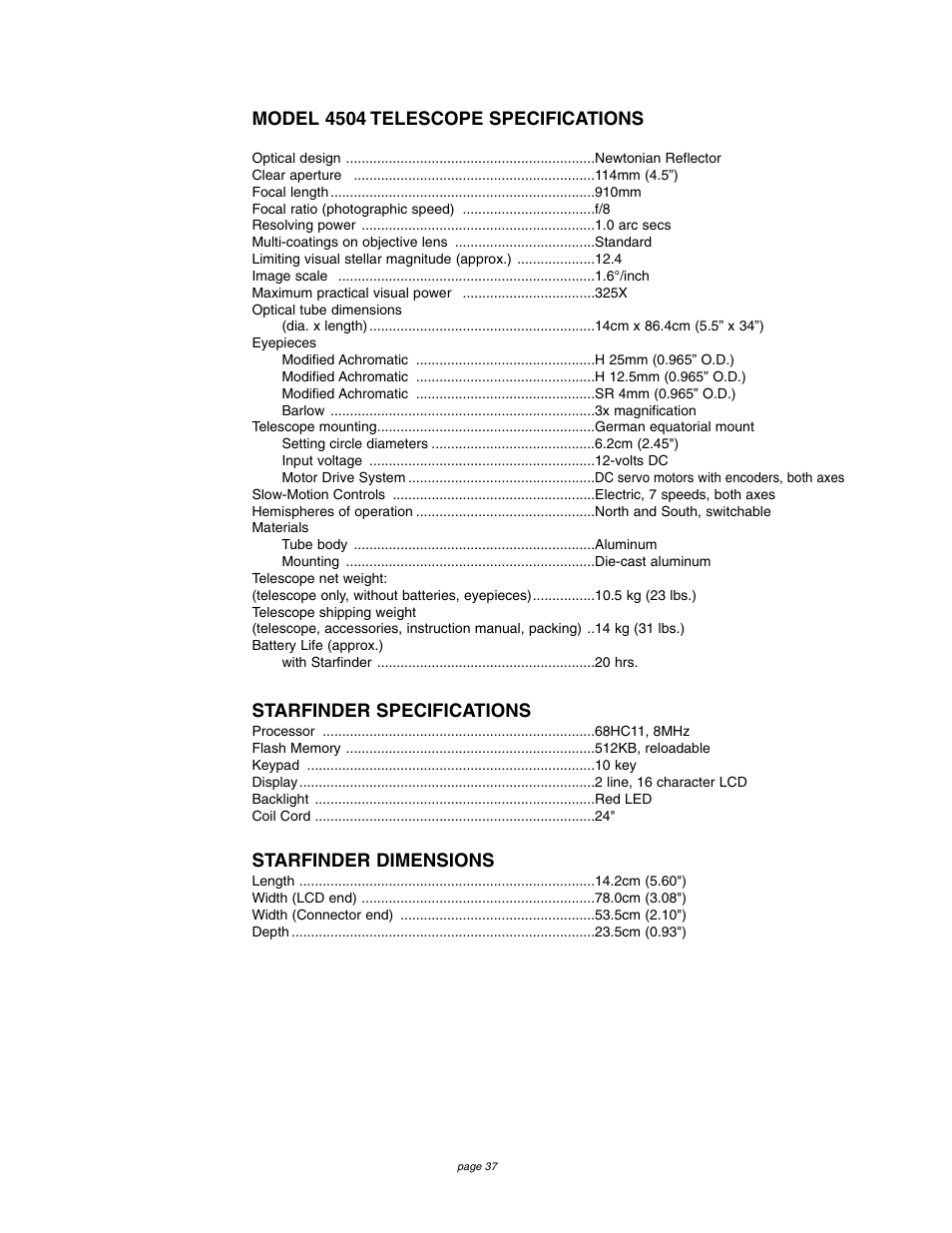 Model 4504 telescope specifications, Starfinder specifications, Starfinder dimensions | Meade Instruments 4504 User Manual | Page 37 / 48