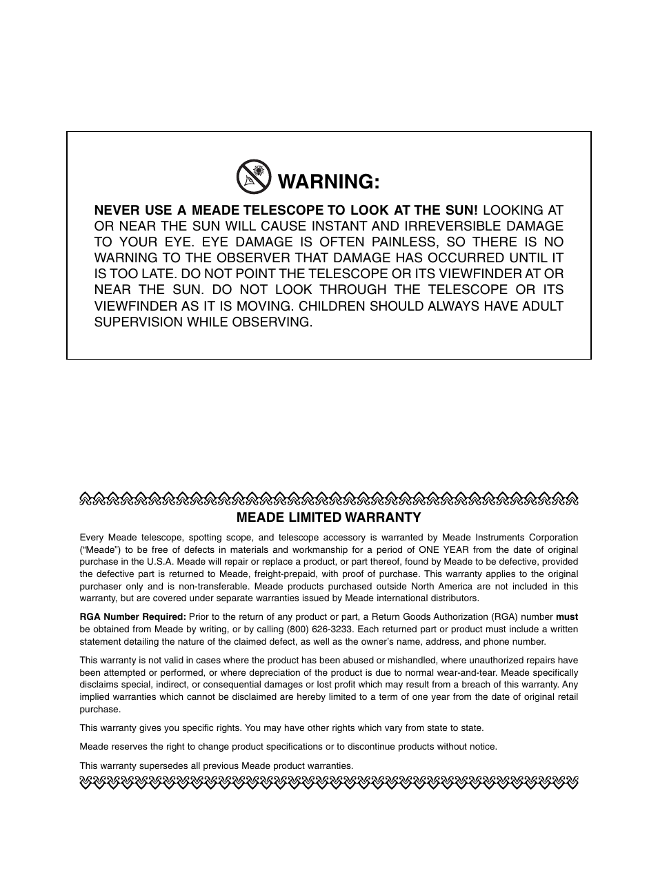 Warning | Meade Instruments 90AZ-ADRB User Manual | Page 2 / 12