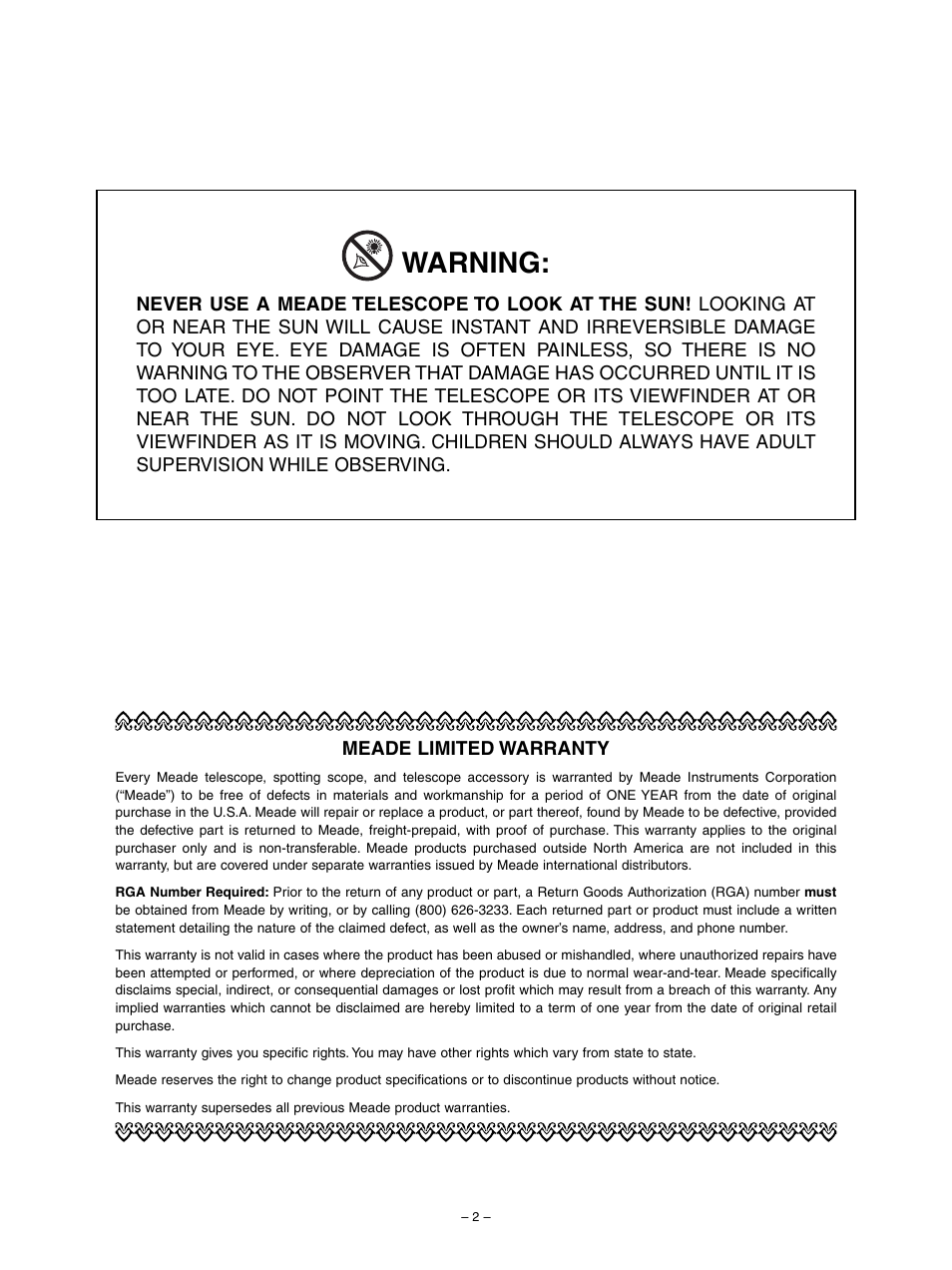 Warning | Meade Instruments 70AZ-ADR User Manual | Page 2 / 12