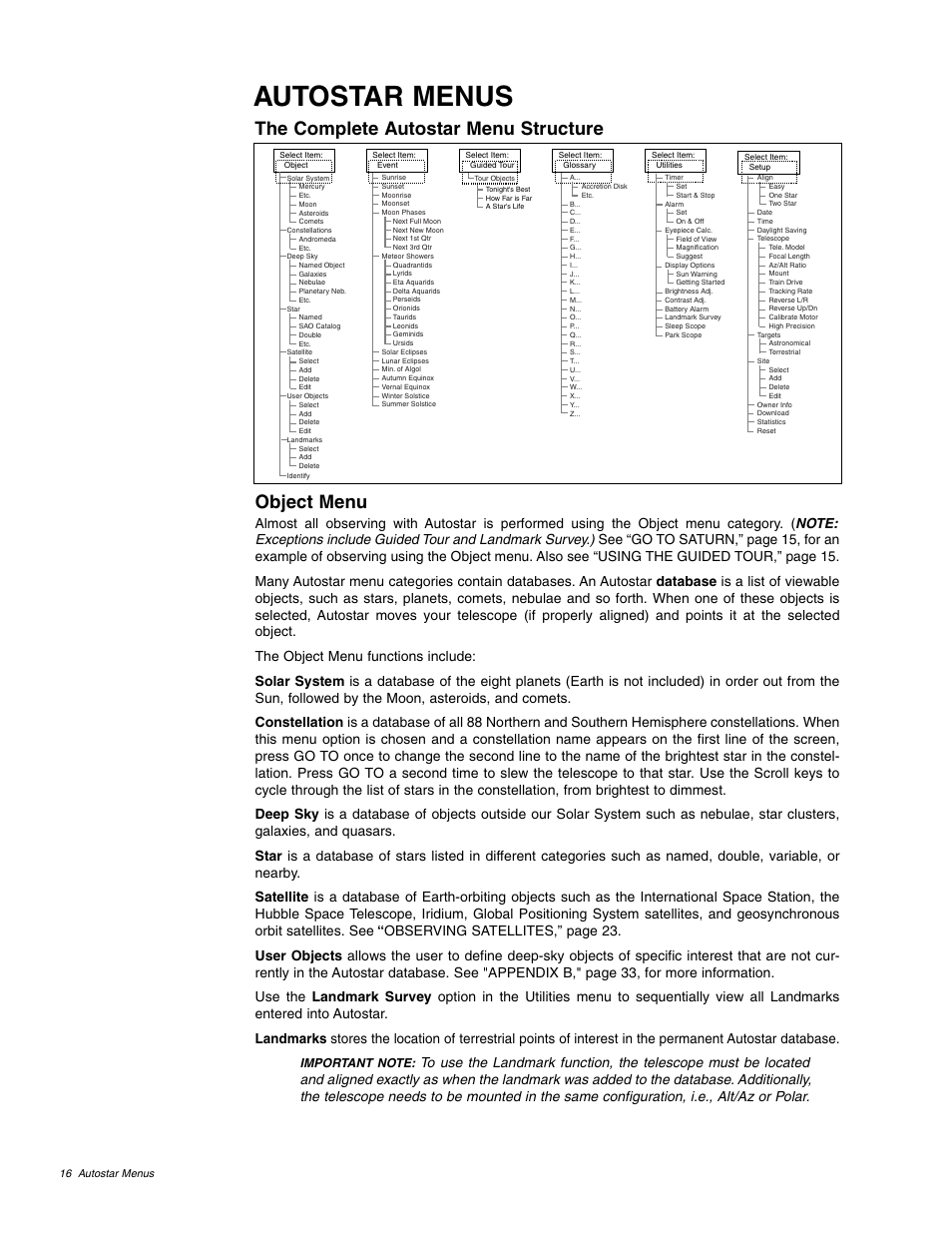 Autostar menus, Object menu, The complete autostar menu structure | Meade Instruments ETX 60AT User Manual | Page 16 / 40