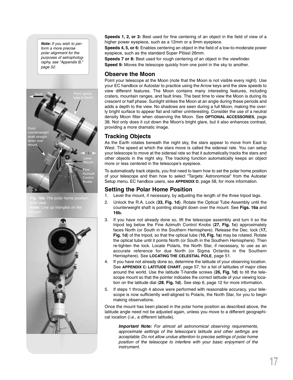 Observe the moon, Tracking objects, Setting the polar home position | Meade Instruments LXD 75-Series User Manual | Page 17 / 67