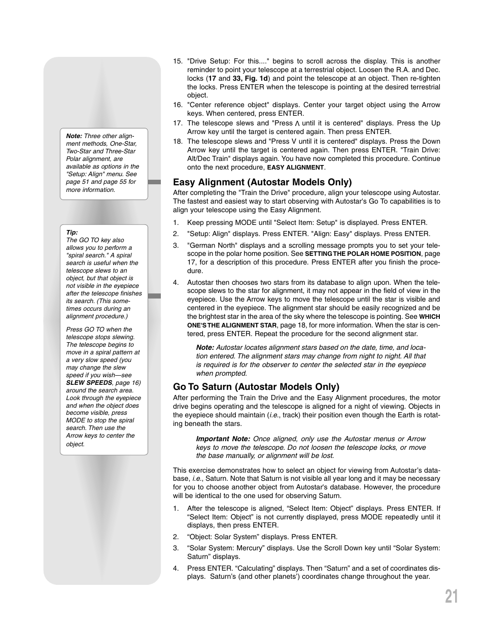 Easy alignment (autostar models only), Go to saturn (autostar models only) | Meade Instruments LXD 75-Series User Manual | Page 21 / 67