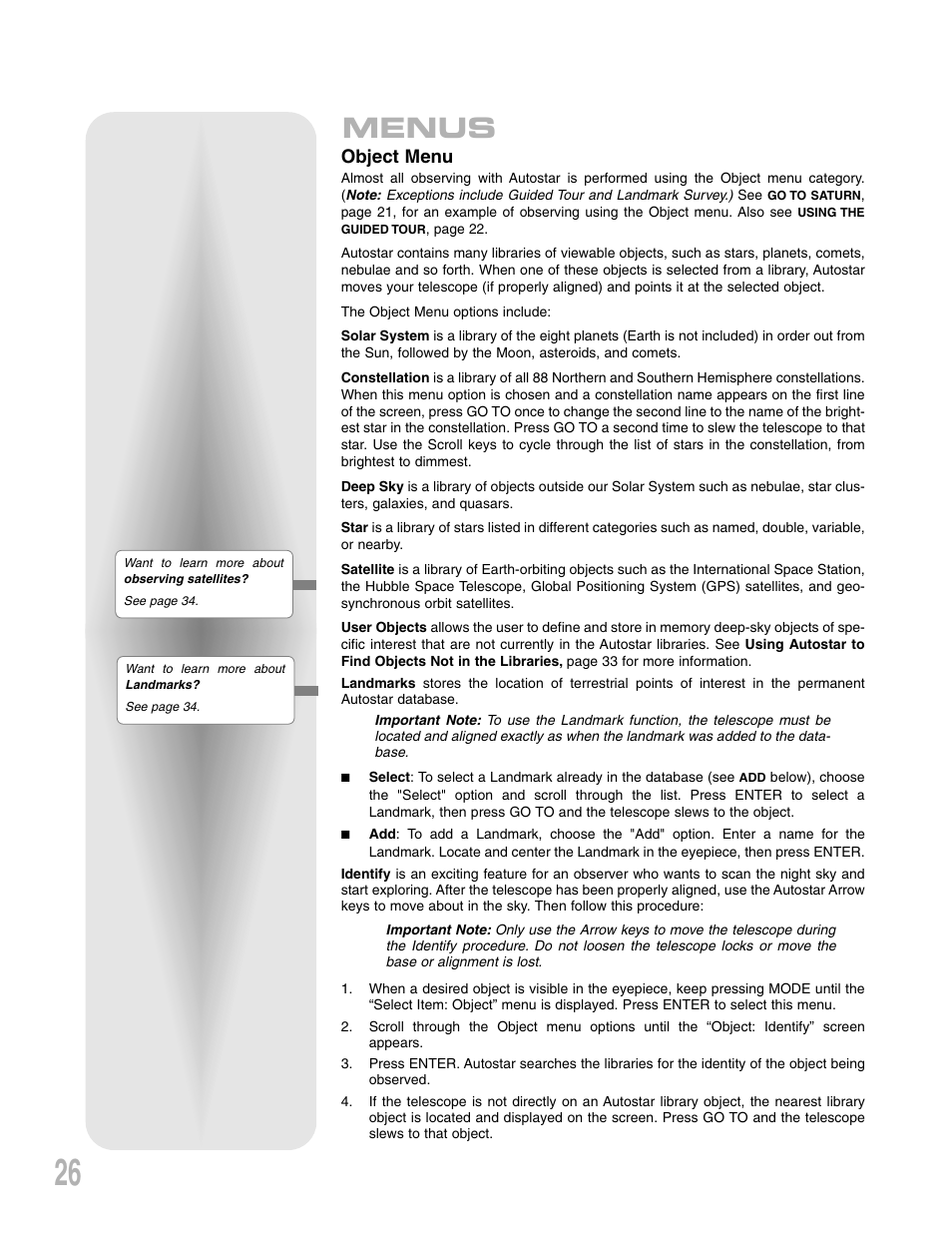 Menus, Object menu | Meade Instruments LXD 75-Series User Manual | Page 26 / 67