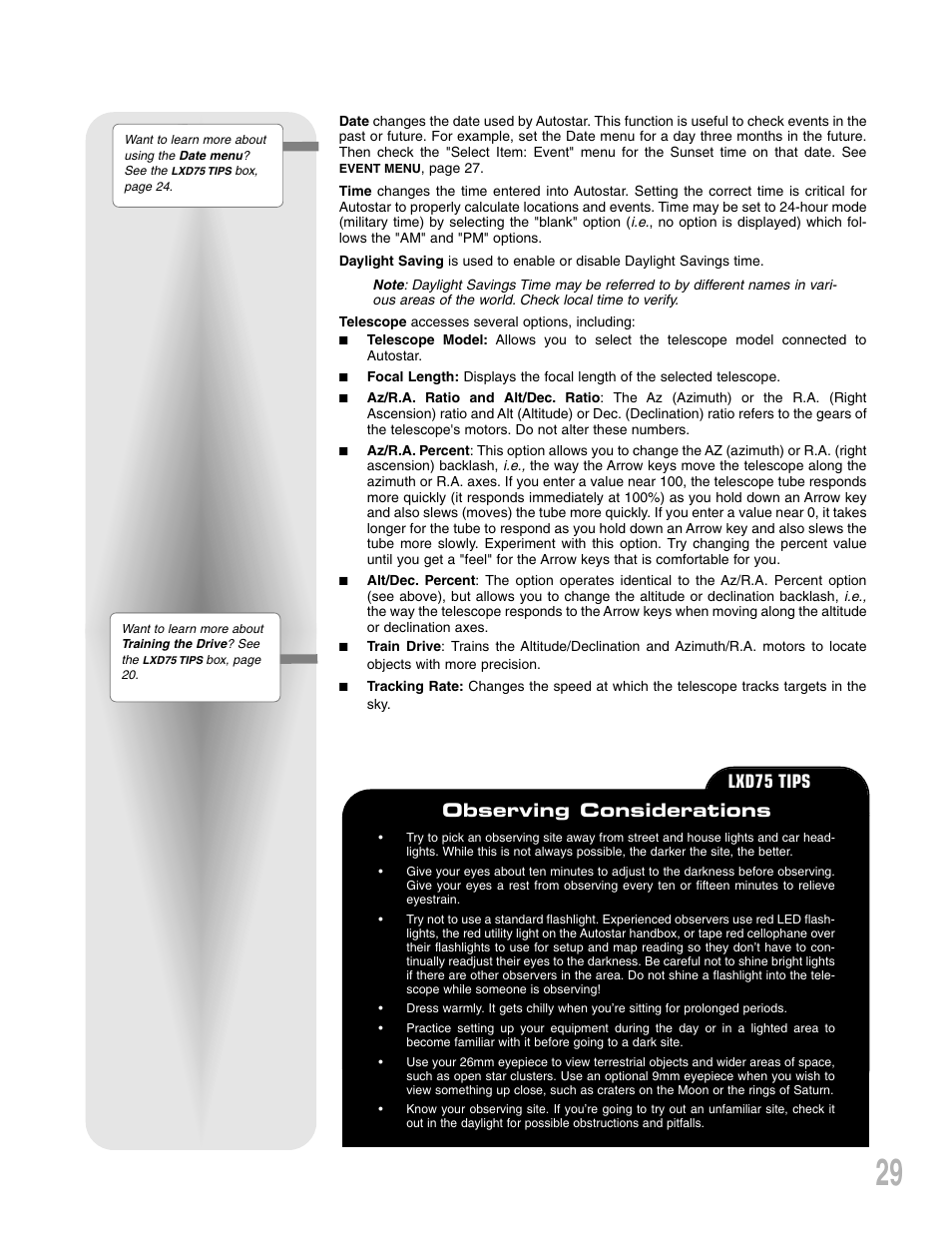 Lxd75 tips, Observing considerations | Meade Instruments LXD 75-Series User Manual | Page 29 / 67