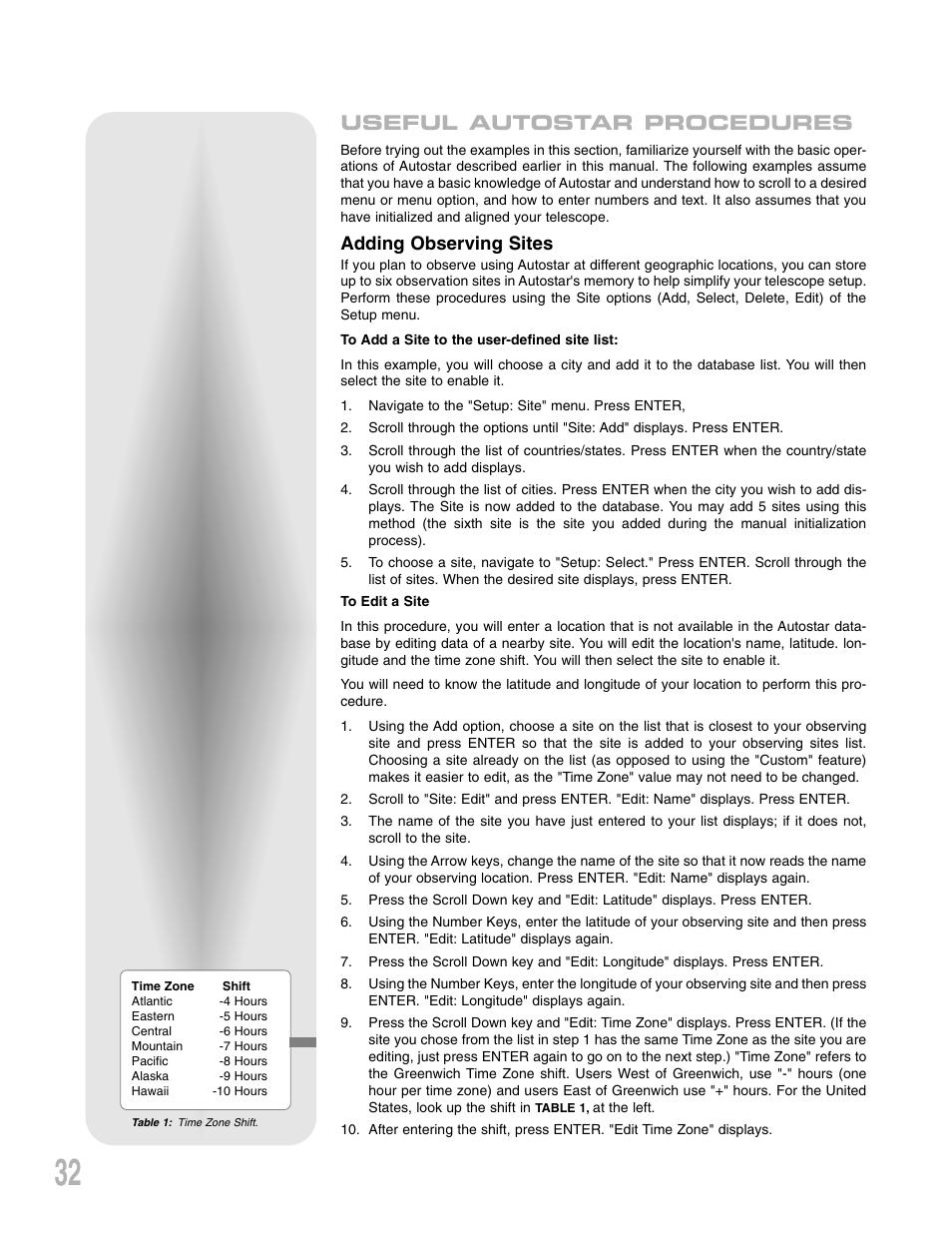 Useful autostar procedures, Adding observing sites | Meade Instruments LXD 75-Series User Manual | Page 32 / 67