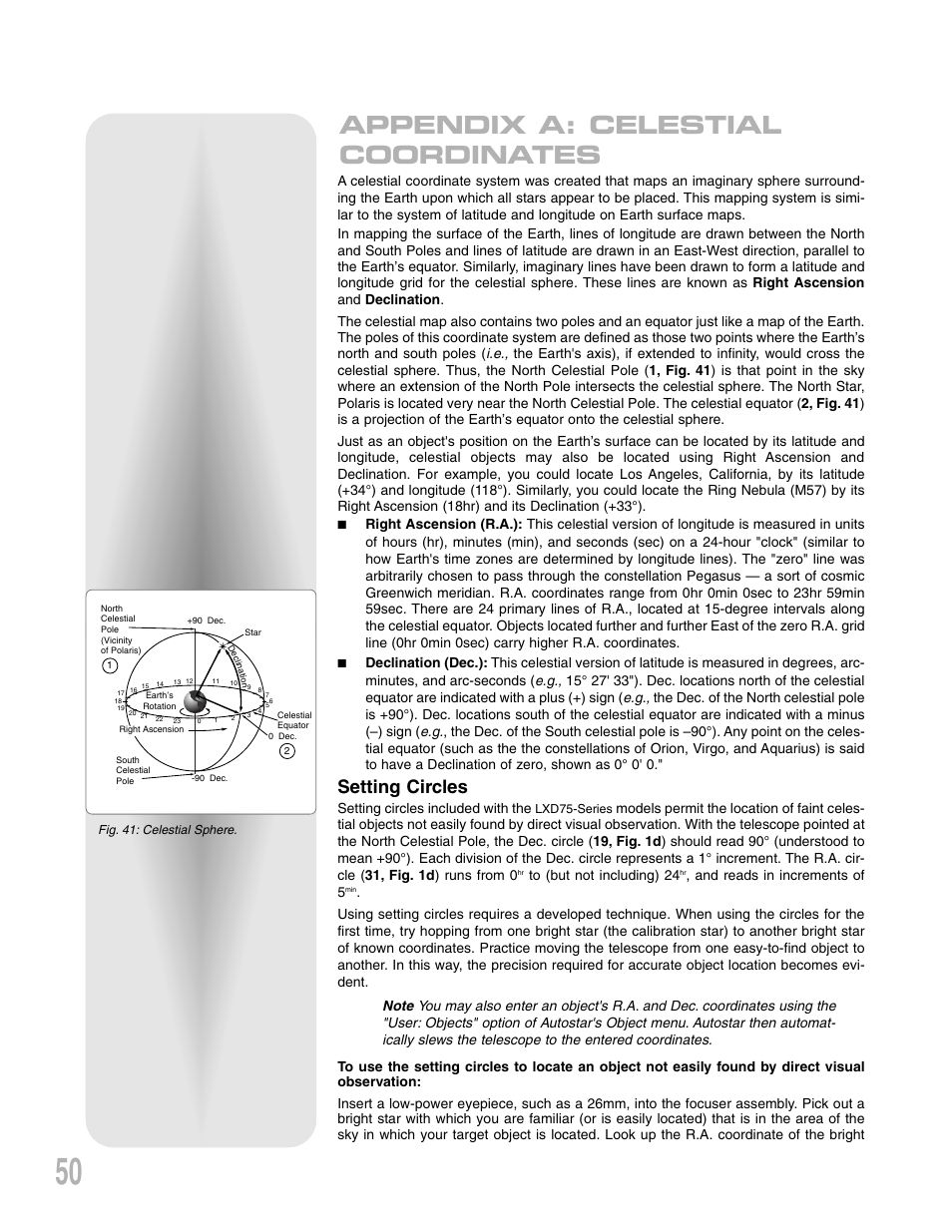 Appendix a: celestial coordinates, Setting circles, Setting circles included with the | And reads in increments of 5 | Meade Instruments LXD 75-Series User Manual | Page 50 / 67