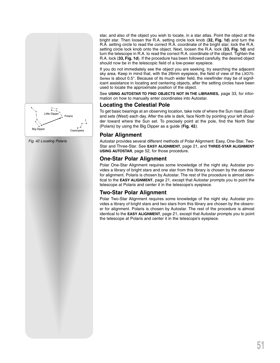 Locating the celestial pole, Polar alignment, One-star polar alignment | Two-star polar alignment | Meade Instruments LXD 75-Series User Manual | Page 51 / 67
