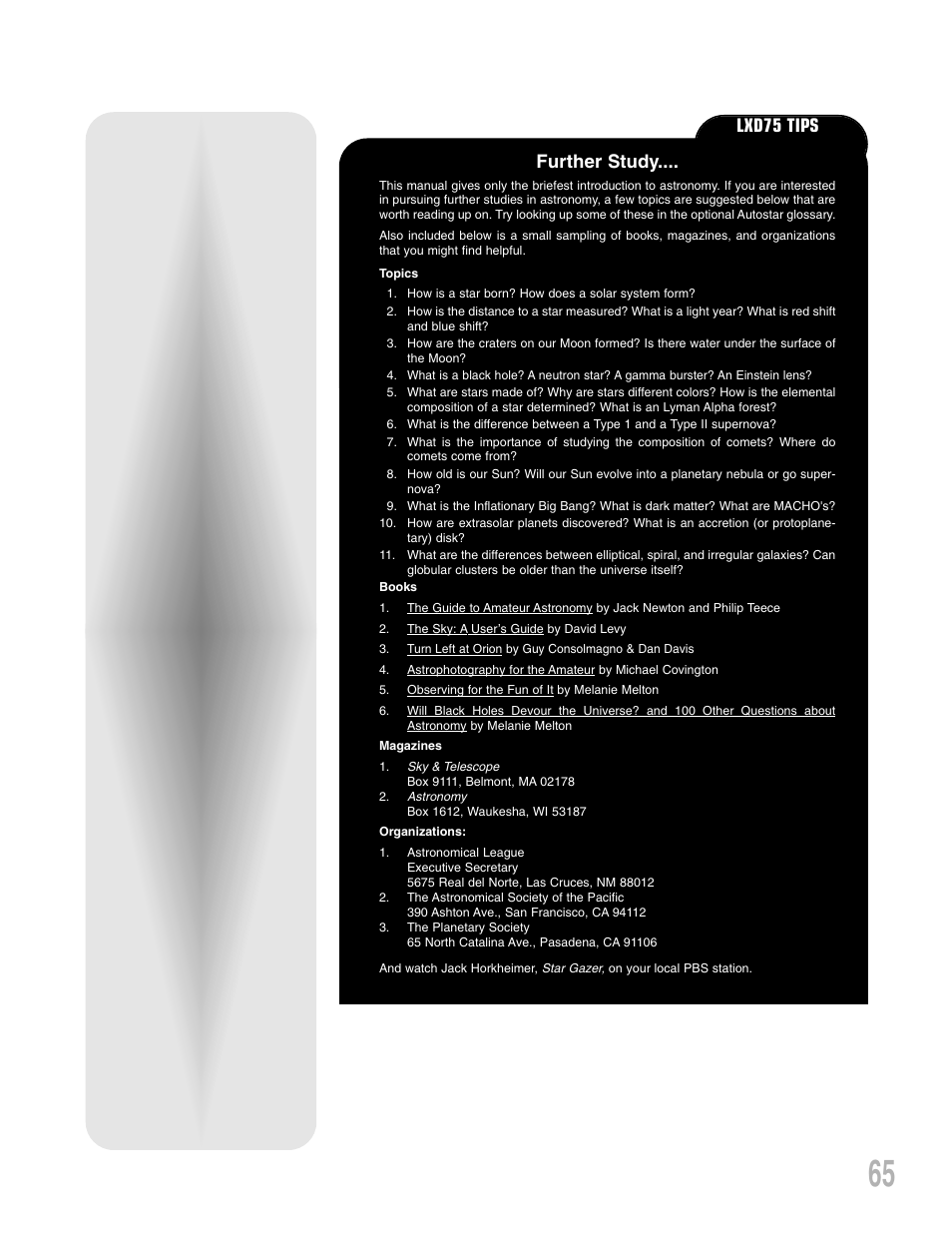 Further study, Lxd75 tips | Meade Instruments LXD 75-Series User Manual | Page 65 / 67