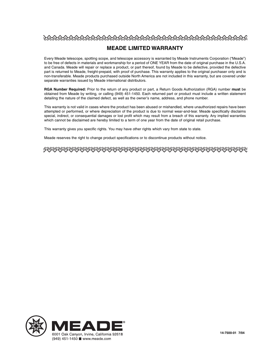 Meade limited warranty | Meade Instruments LXD 75-Series User Manual | Page 67 / 67