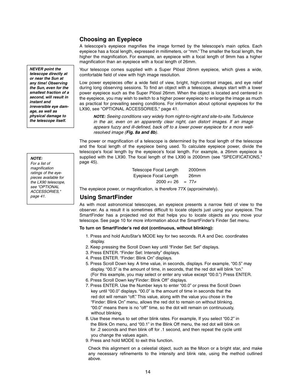 Choosing an eyepiece, Using smartfinder | Meade Instruments LX90-LNT User Manual | Page 14 / 60