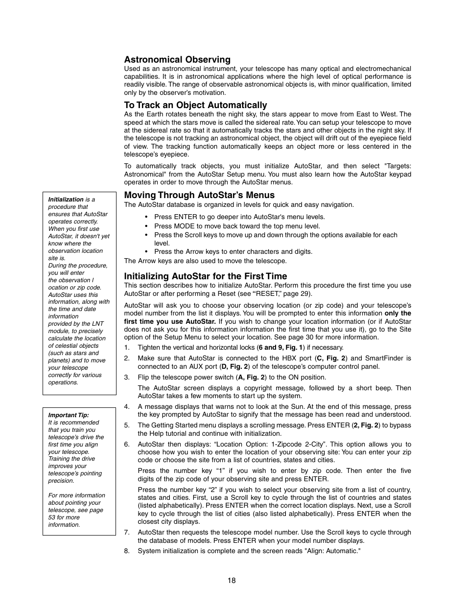 Astronomical observing, Moving through autostar’s menus, Initializing autostar for the first time | Meade Instruments LX90-LNT User Manual | Page 18 / 60