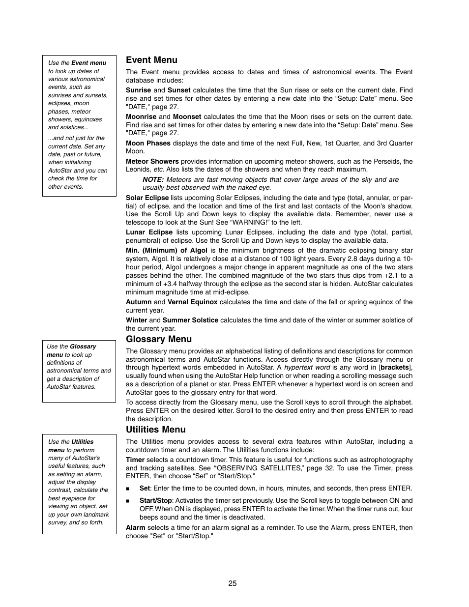 Event menu, Glossary menu, Utilities menu | Meade Instruments LX90-LNT User Manual | Page 25 / 60