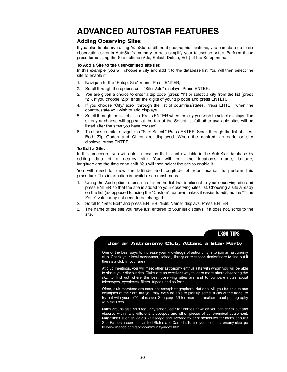 Advanced autostar features, Adding observing sites, Lx90 tips | Meade Instruments LX90-LNT User Manual | Page 30 / 60