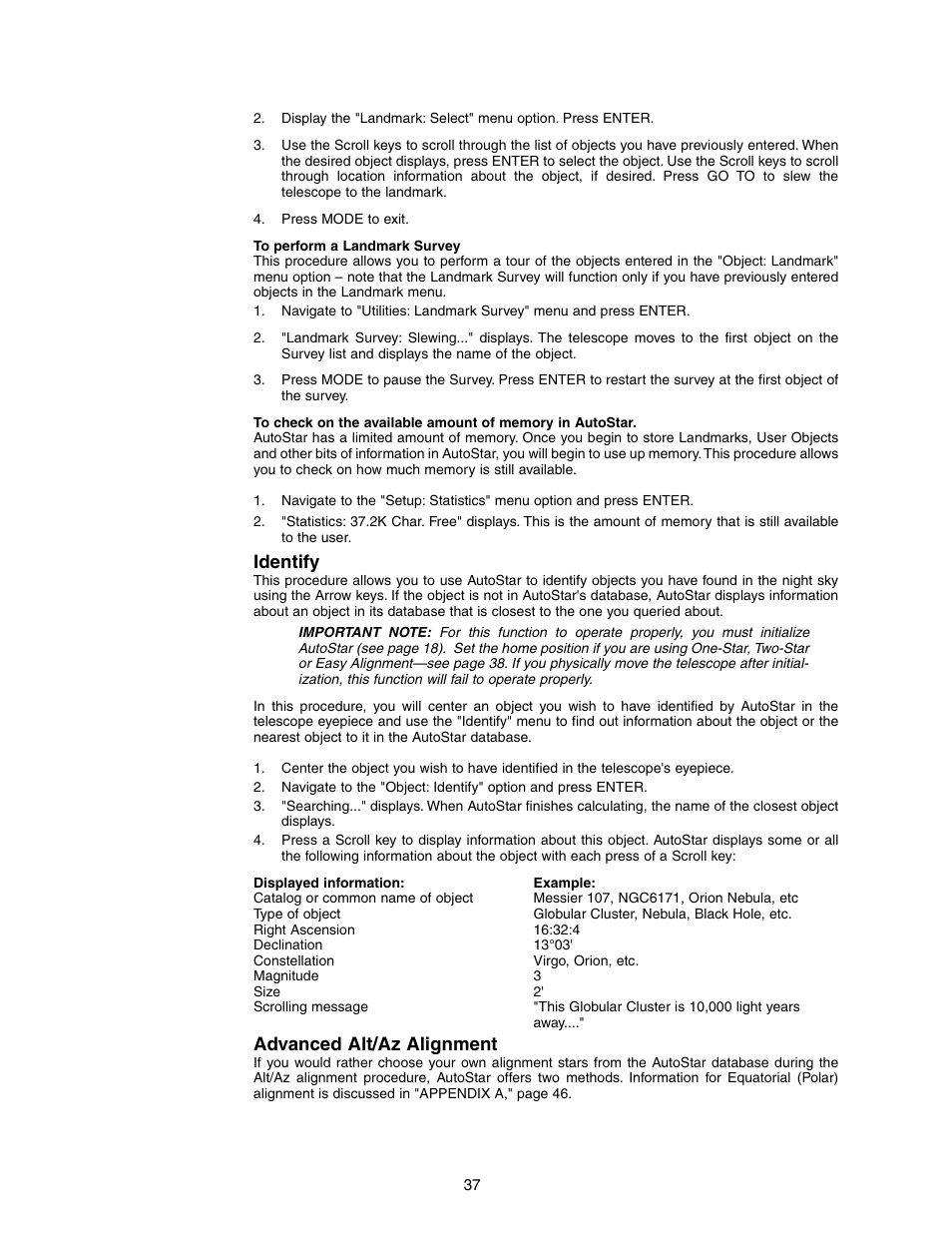 Identify, Advanced alt/az alignment | Meade Instruments LX90-LNT User Manual | Page 37 / 60