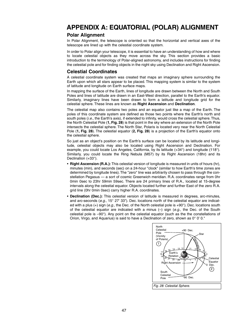 Appendix a: equatorial (polar) alignment, Polar alignment, Celestial coordinates | Meade Instruments LX90-LNT User Manual | Page 47 / 60