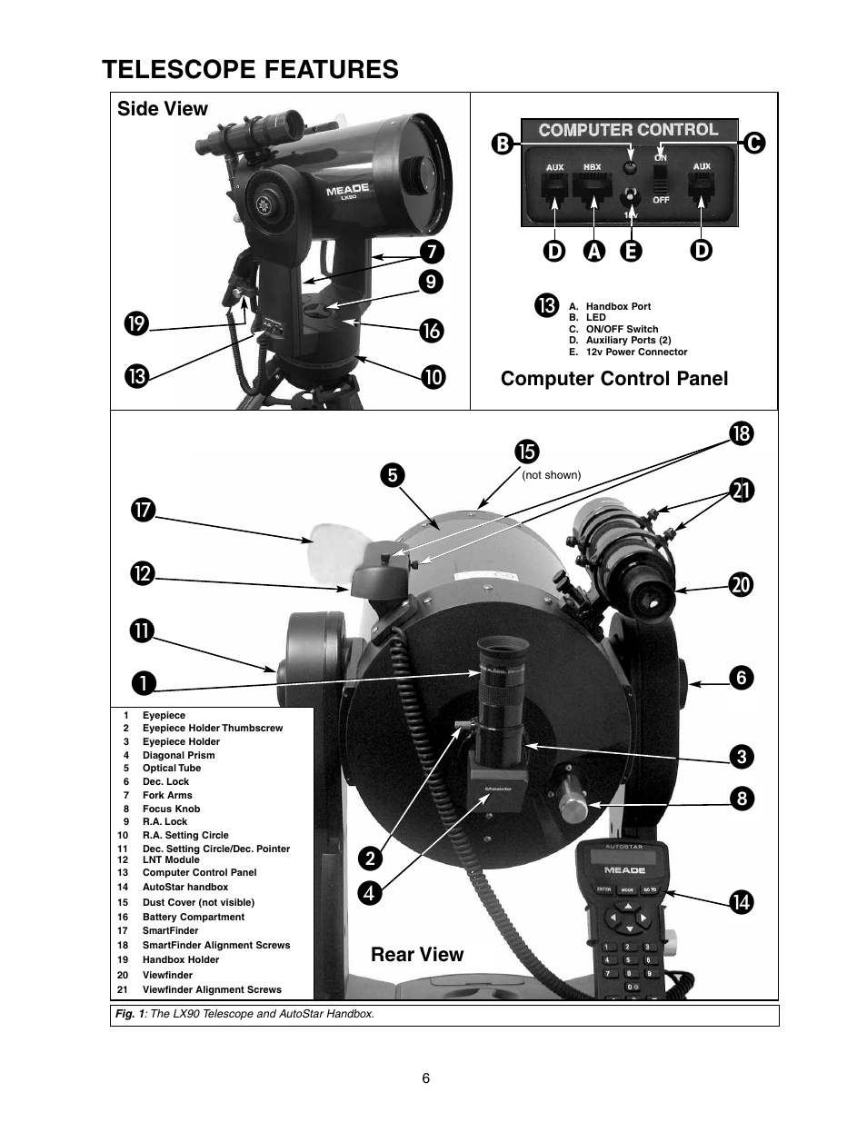 ƾƹ ᕥ ᕧ, Side view rear view computer control panel | Meade Instruments LX90-LNT User Manual | Page 6 / 60