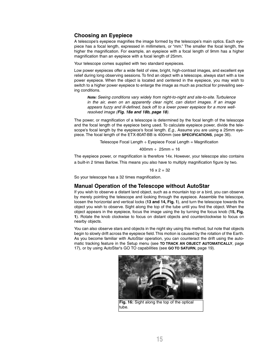 Choosing an eyepiece, Manual operation of the telescope without autostar | Meade Instruments ETX-80AT-BB User Manual | Page 15 / 44