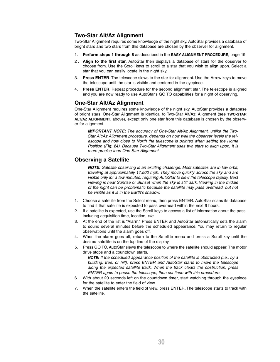 Two-star alt/az alignment, One-star alt/az alignment, Observing a satellite | Meade Instruments ETX-80AT-BB User Manual | Page 30 / 44