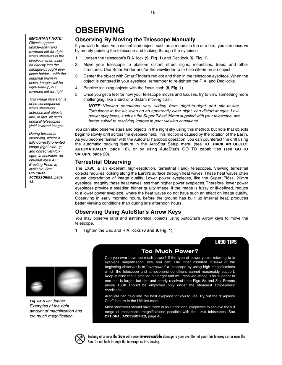 Observing, Observing by moving the telescope manually, Terrestrial observing | Observing using autostar's arrow keys, Lx90 tips | Meade Instruments LX90-GPS User Manual | Page 16 / 60
