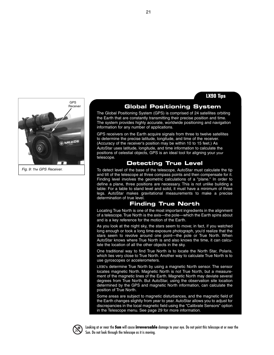 Lx90 tips, The global positioning system, Detecting true level | Finding true north | Meade Instruments LX90-GPS User Manual | Page 21 / 60