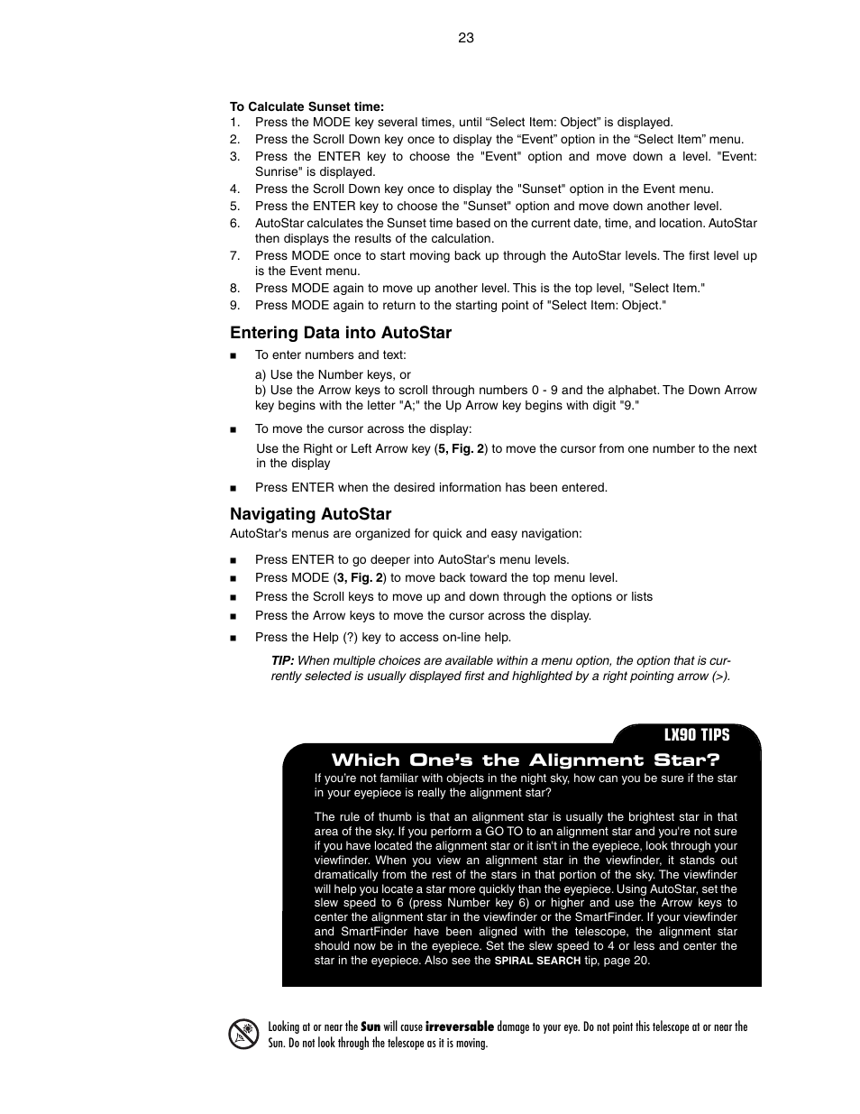 Entering data into autostar, Navigating autostar, Which one’s the alignment star | Lx90 tips | Meade Instruments LX90-GPS User Manual | Page 23 / 60