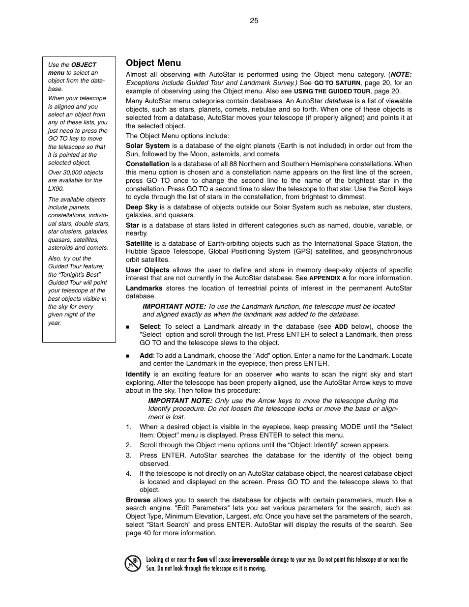 Object menu | Meade Instruments LX90-GPS User Manual | Page 25 / 60