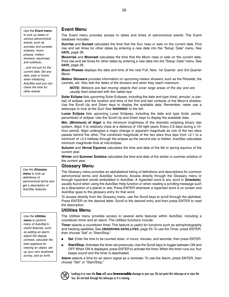 Event menu, Glossary menu, Utilities menu | Meade Instruments LX90-GPS User Manual | Page 26 / 60