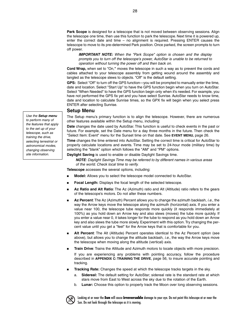 Setup menu | Meade Instruments LX90-GPS User Manual | Page 28 / 60
