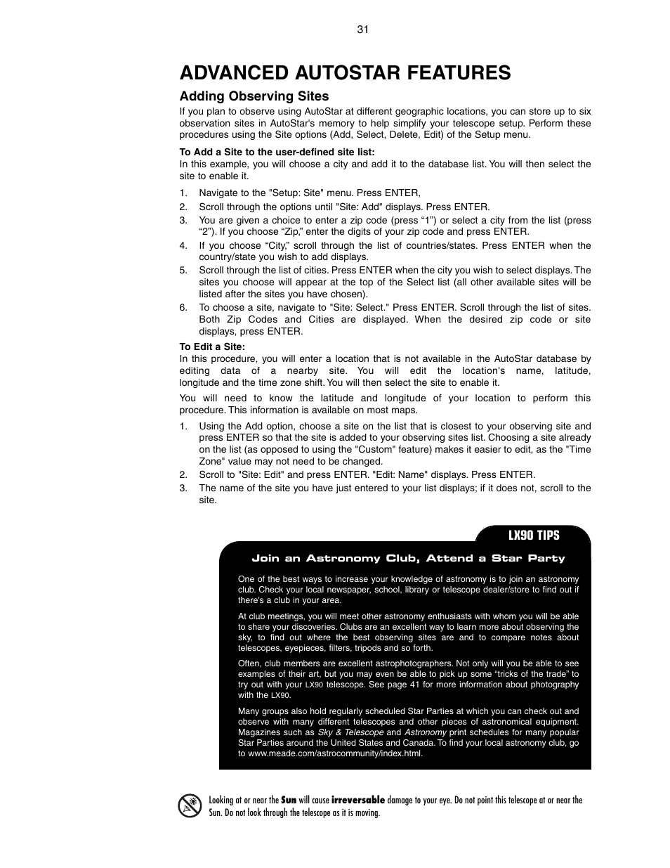 Advanced autostar features, Adding observing sites, Lx90 tips | Meade Instruments LX90-GPS User Manual | Page 31 / 60