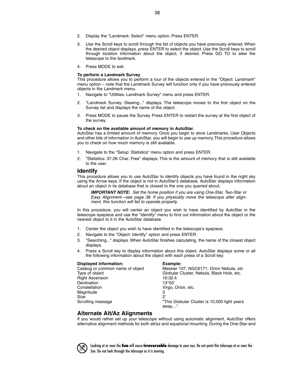 Identify, Alternate alt/az alignments | Meade Instruments LX90-GPS User Manual | Page 38 / 60