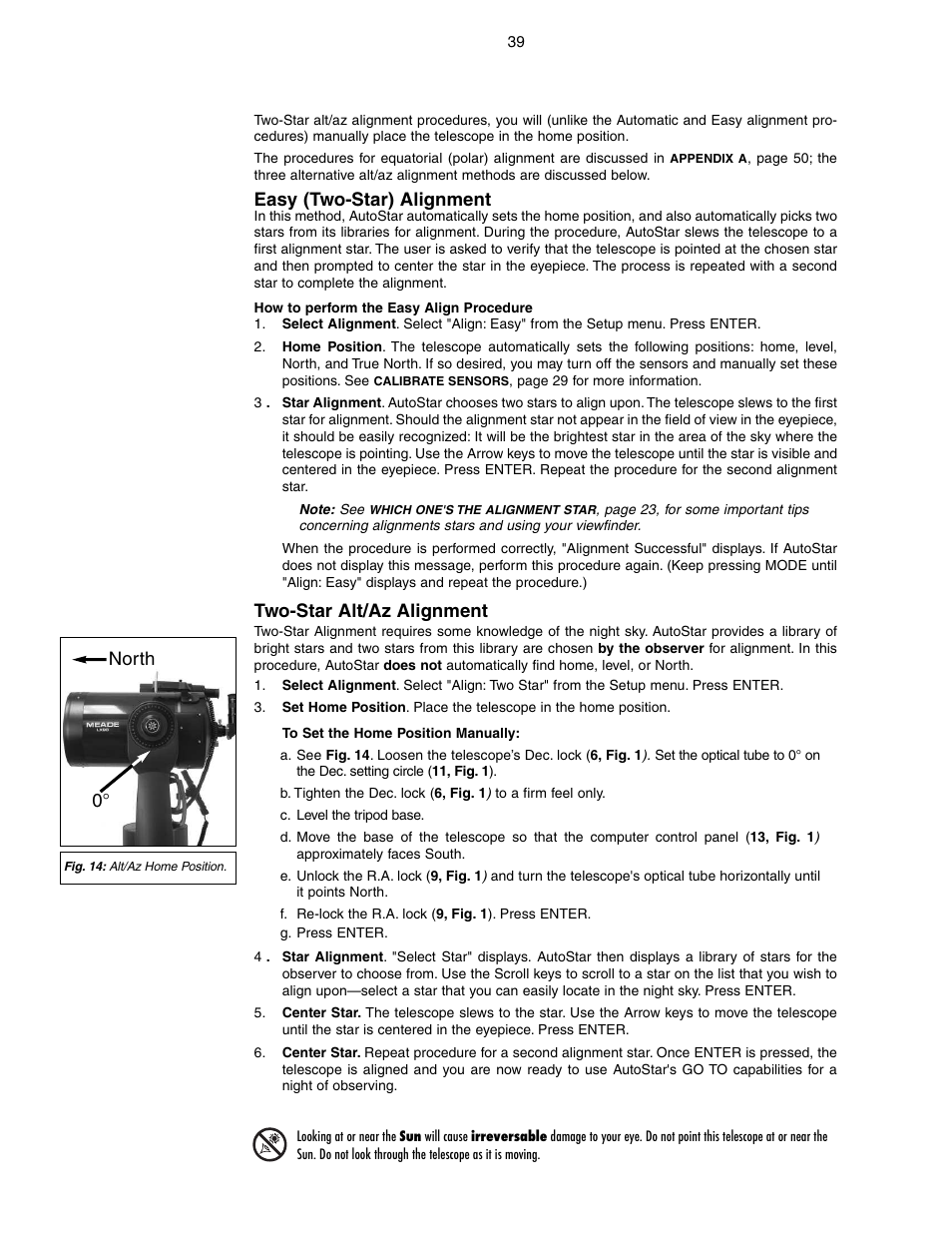 Easy (two-star) alignment, Two-star alt/az alignment, North 0 | Meade Instruments LX90-GPS User Manual | Page 39 / 60
