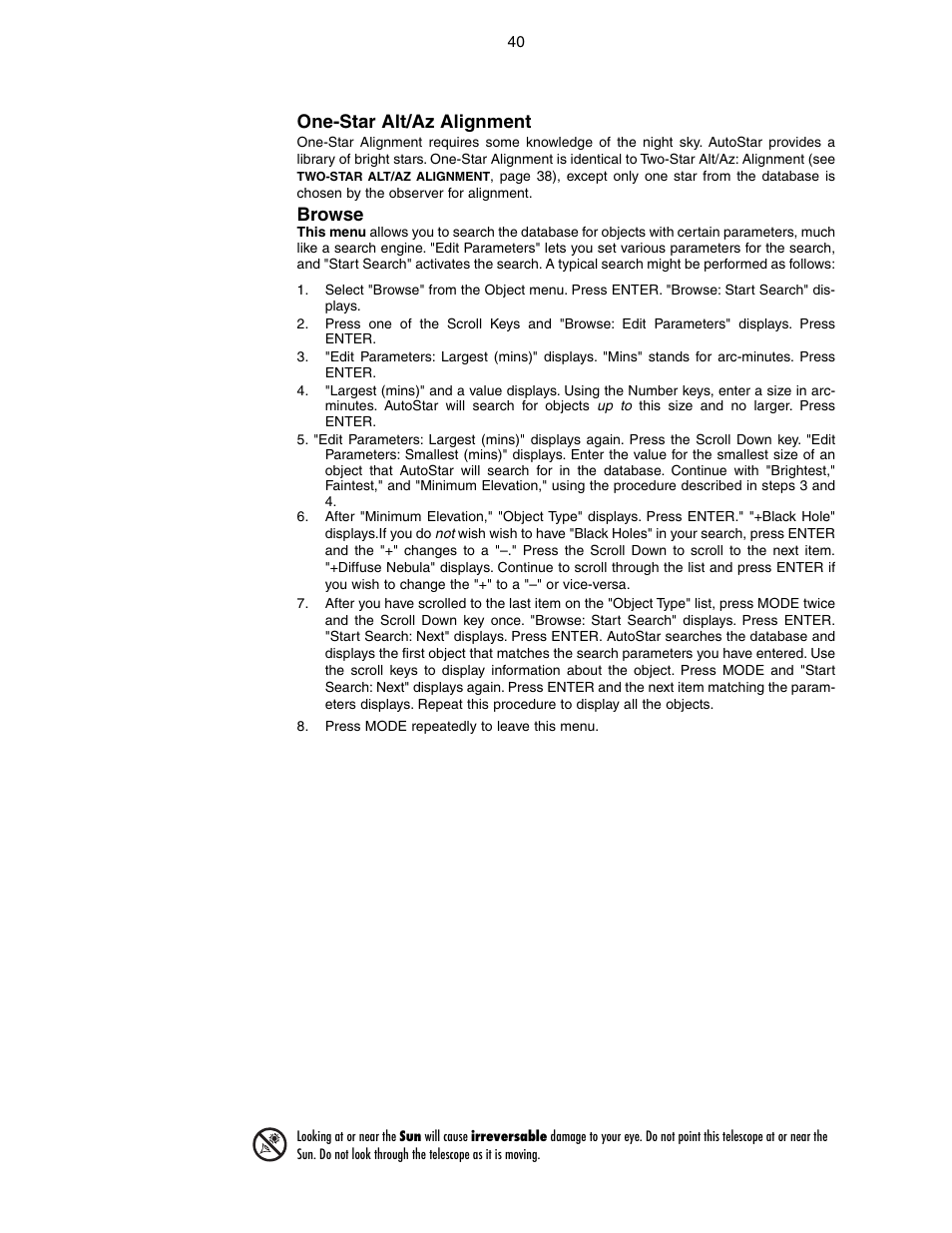 One-star alt/az alignment, Browse | Meade Instruments LX90-GPS User Manual | Page 40 / 60