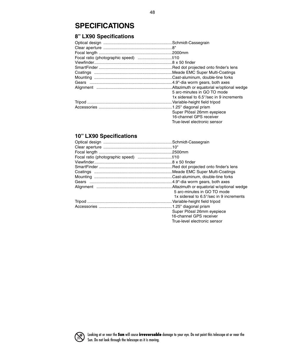 Specifications | Meade Instruments LX90-GPS User Manual | Page 48 / 60