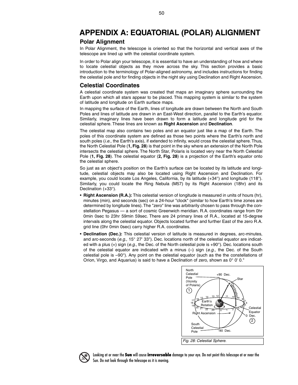 Appendix a: equatorial (polar) alignment, Polar alignment, Celestial coordinates | Meade Instruments LX90-GPS User Manual | Page 50 / 60