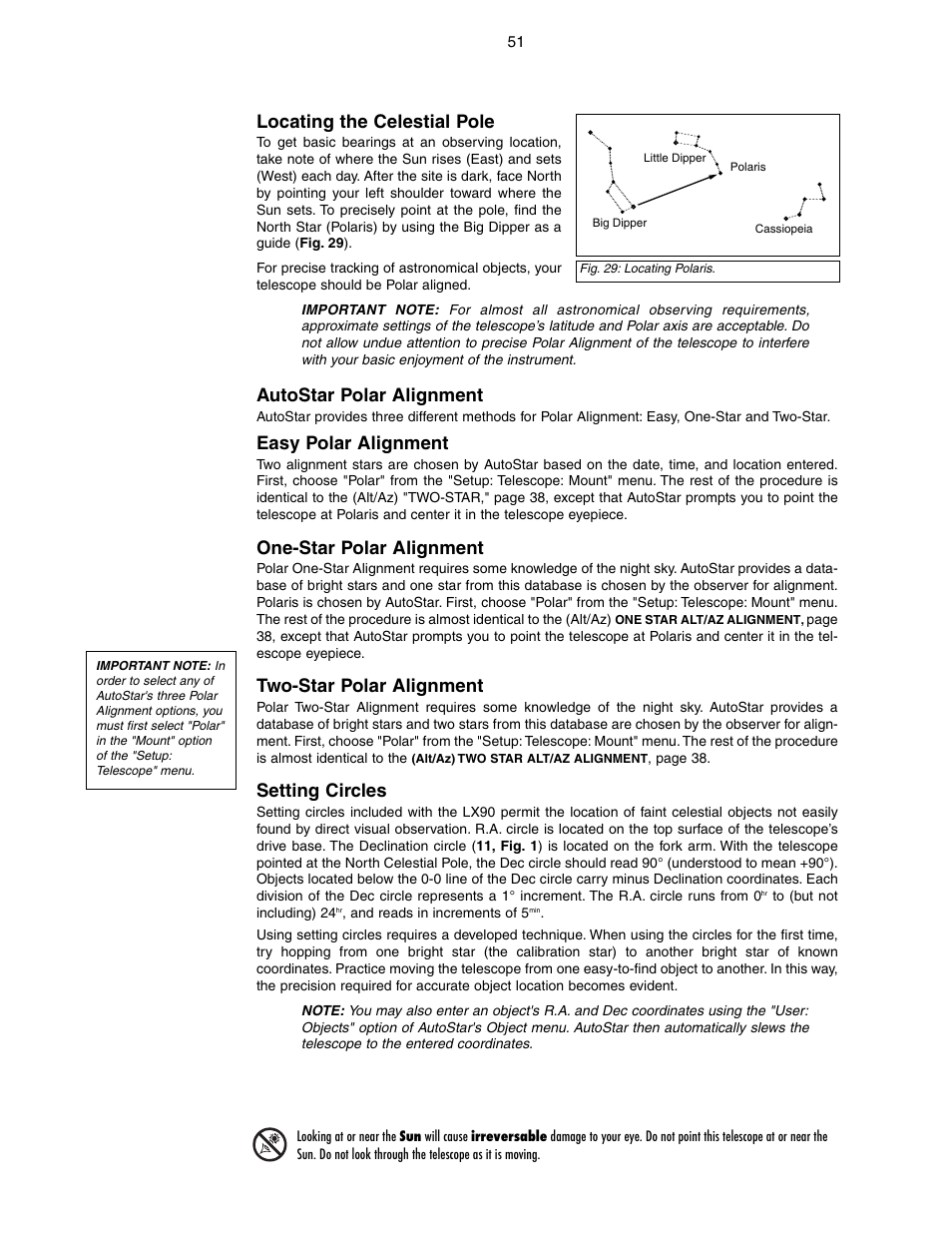 Locating the celestial pole, Autostar polar alignment, Easy polar alignment | One-star polar alignment, Two-star polar alignment, Setting circles | Meade Instruments LX90-GPS User Manual | Page 51 / 60