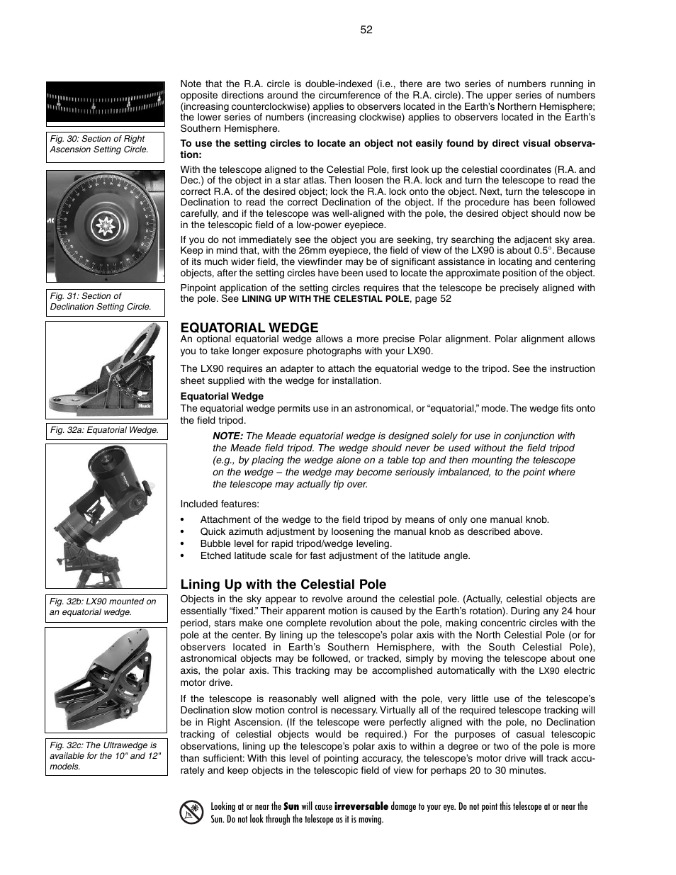 Equatorial wedge, Lining up with the celestial pole | Meade Instruments LX90-GPS User Manual | Page 52 / 60