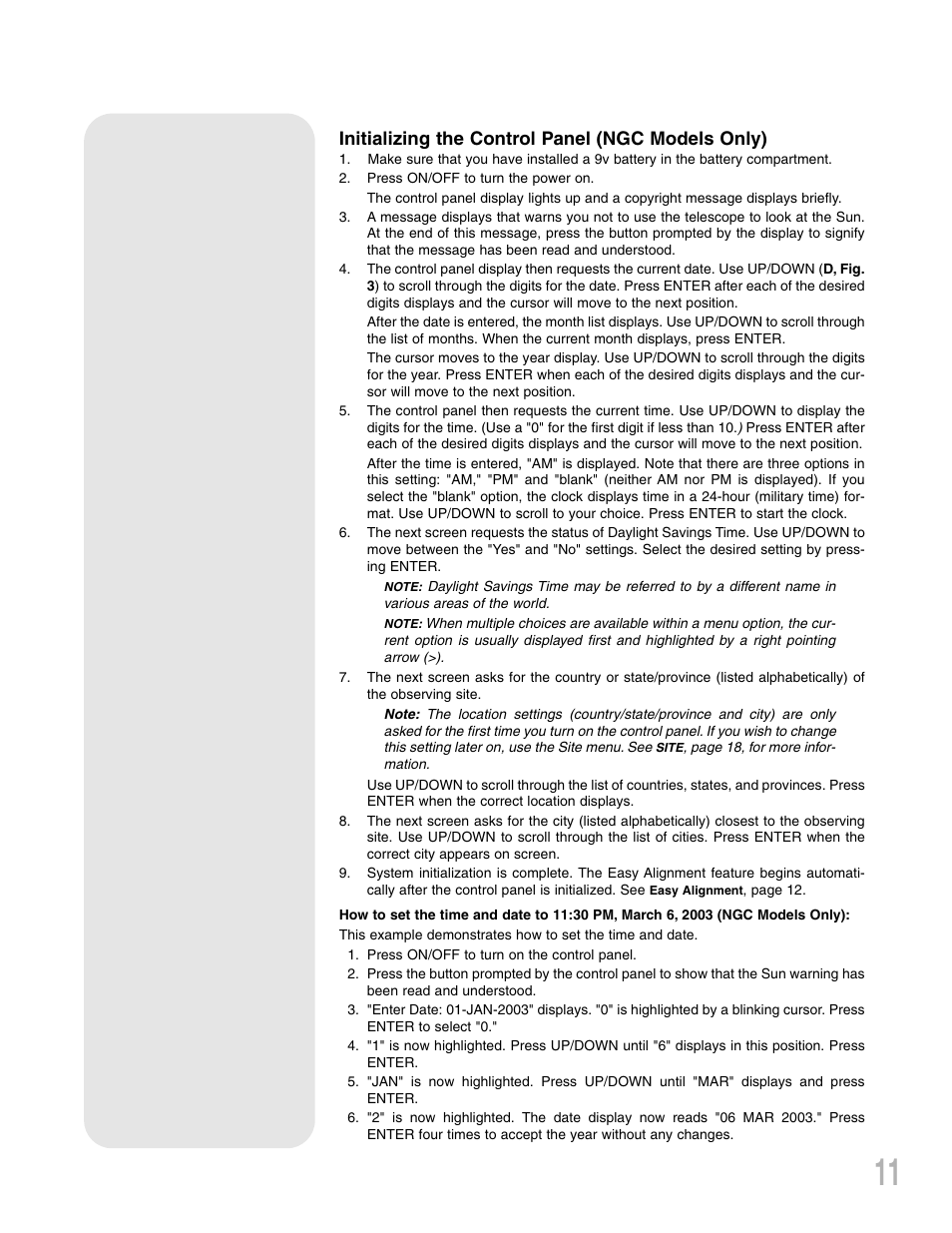 Initializing the control panel (ngc models only) | Meade Instruments NG-Series User Manual | Page 11 / 28