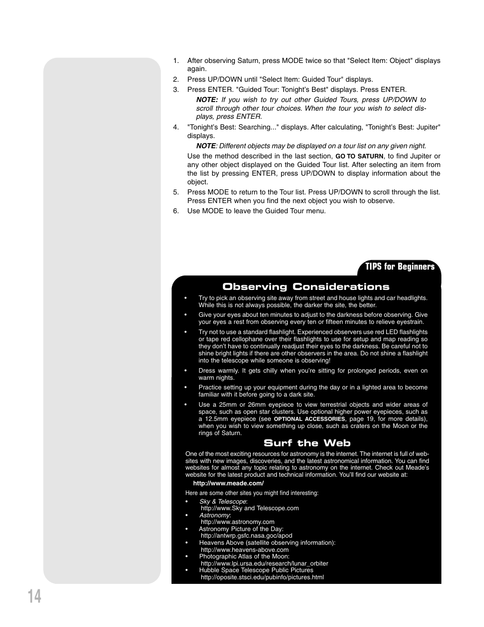 Observing considerations, Tips for beginners surf the web | Meade Instruments NG-Series User Manual | Page 14 / 28