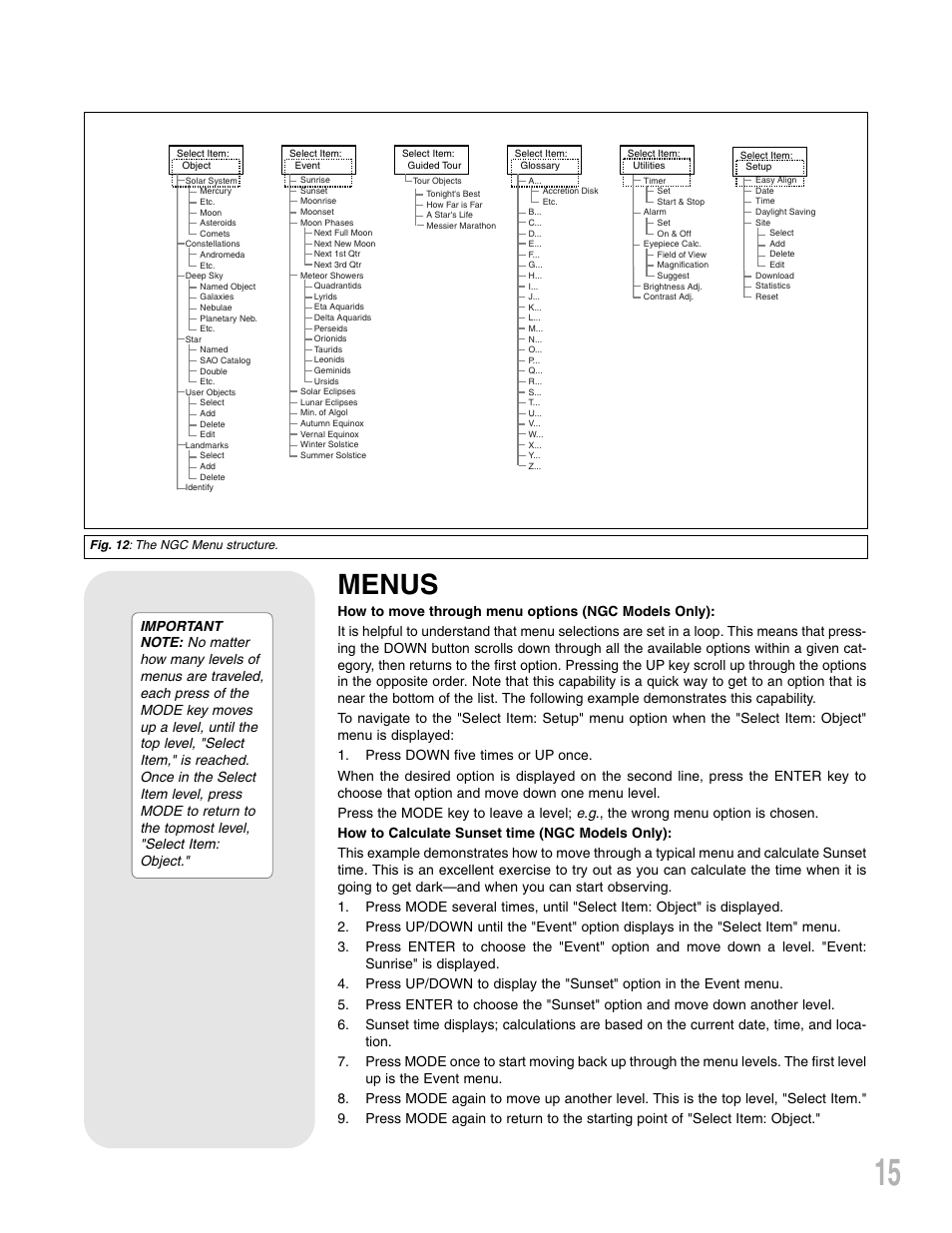 Menus | Meade Instruments NG-Series User Manual | Page 15 / 28